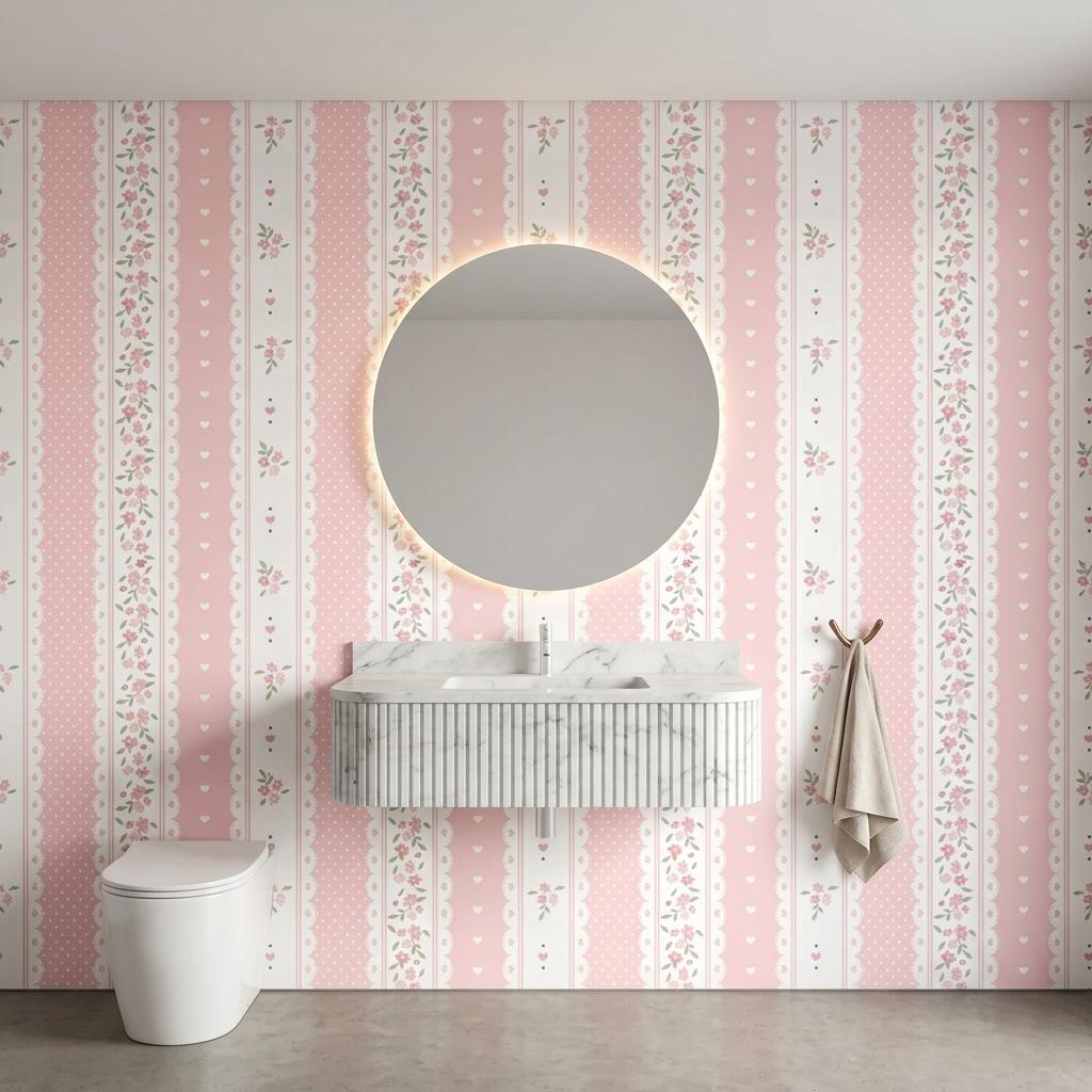 Coquette Floral Lace Wallpaper, Pink Shabby Chic Striped Nursery Mural