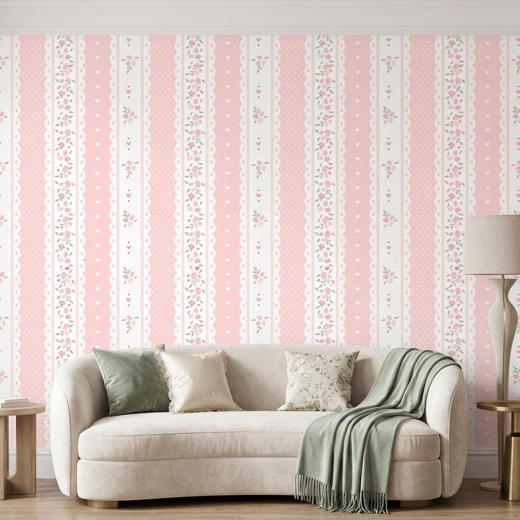 Coquette Floral Lace Wallpaper, Pink Shabby Chic Striped Nursery Mural