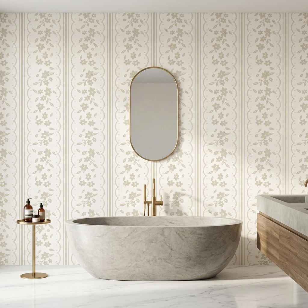 Floral Lace Wallpaper, Sage Green Coquette Striped Wall Mural