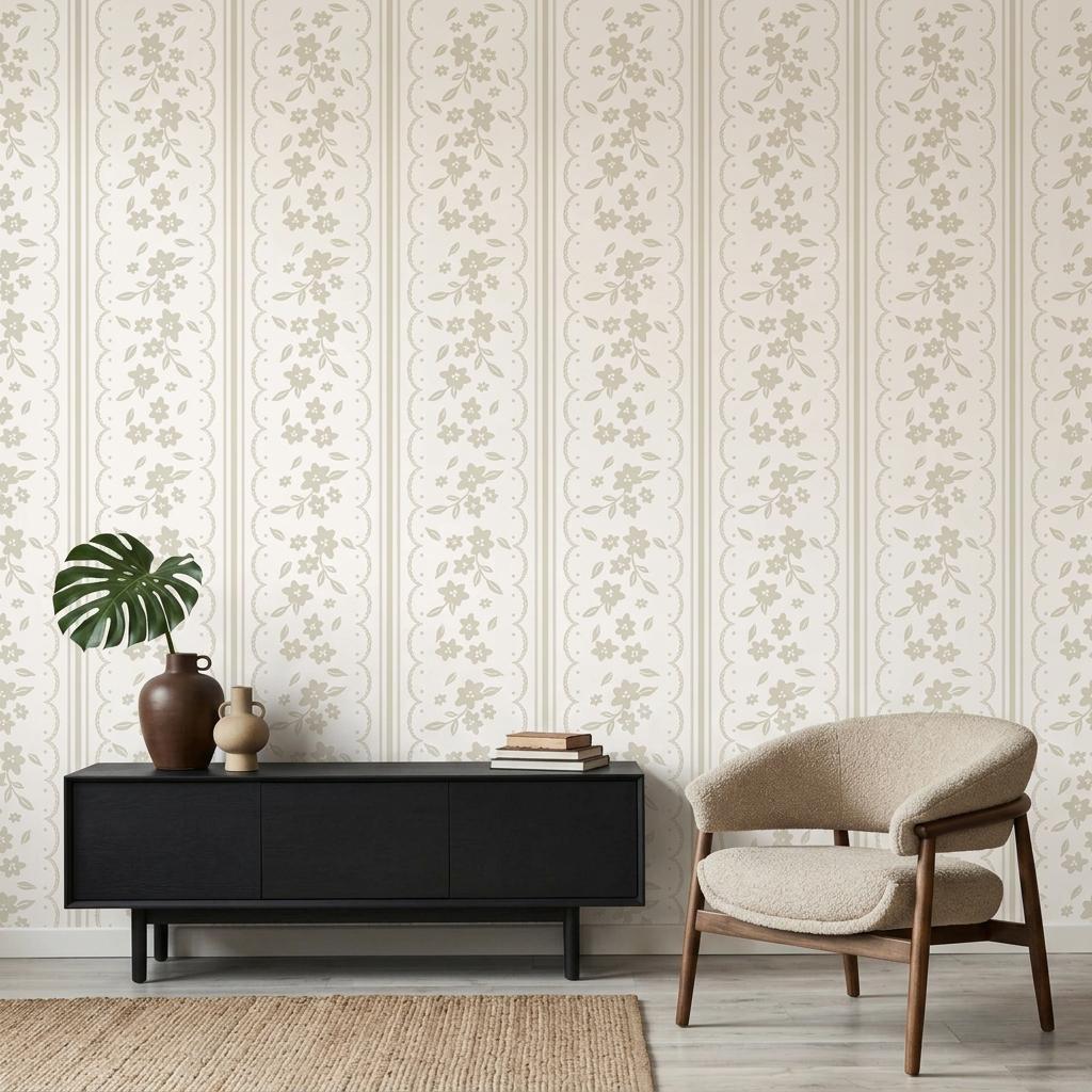 Floral Lace Wallpaper, Sage Green Coquette Striped Wall Mural