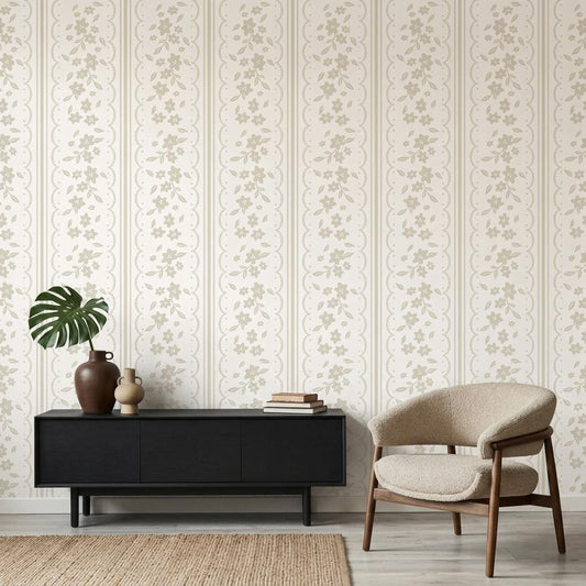 Floral Lace Wallpaper, Sage Green Coquette Striped Wall Mural