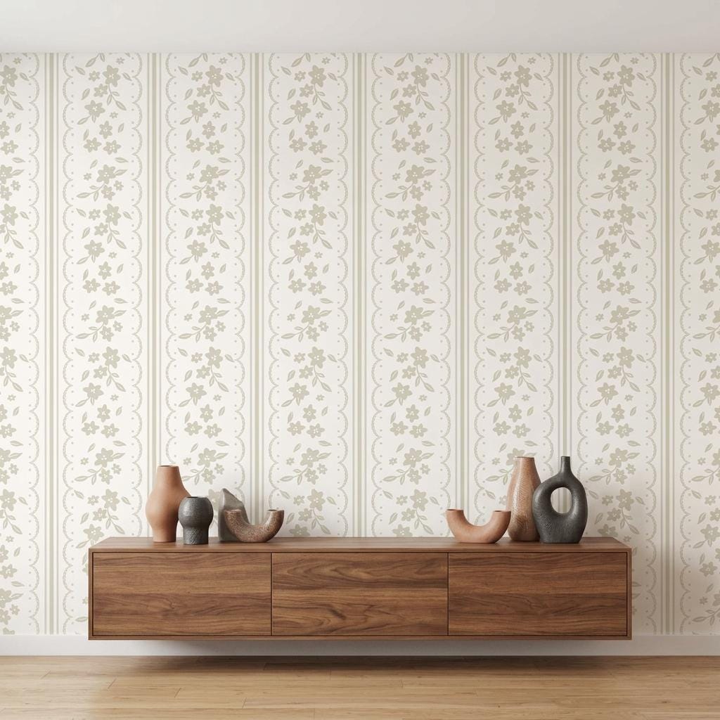 Floral Lace Wallpaper, Sage Green Coquette Striped Wall Mural