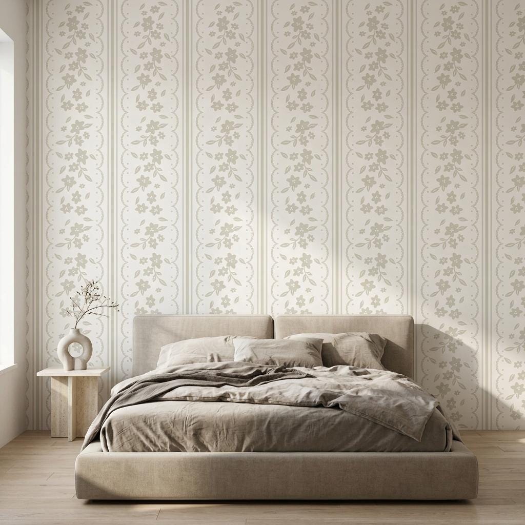 Floral Lace Wallpaper, Sage Green Coquette Striped Wall Mural