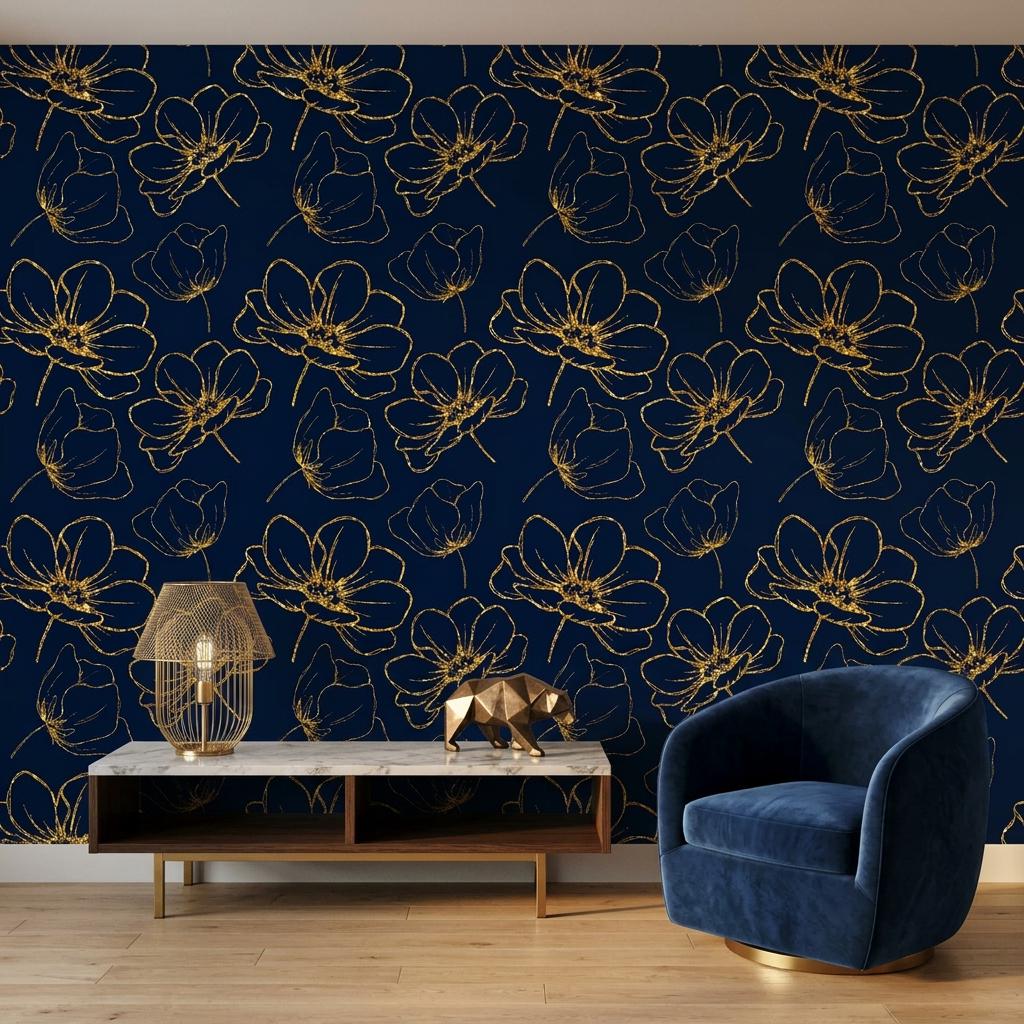 Navy Blue Gold Floral Wallpaper, Art Deco Botanical Peel and Stick