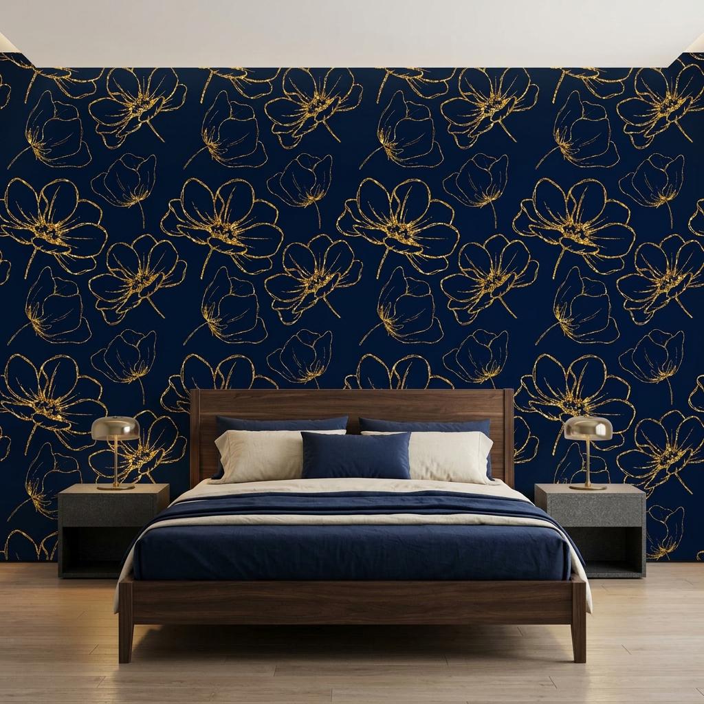 Navy Blue Gold Floral Wallpaper, Art Deco Botanical Peel and Stick