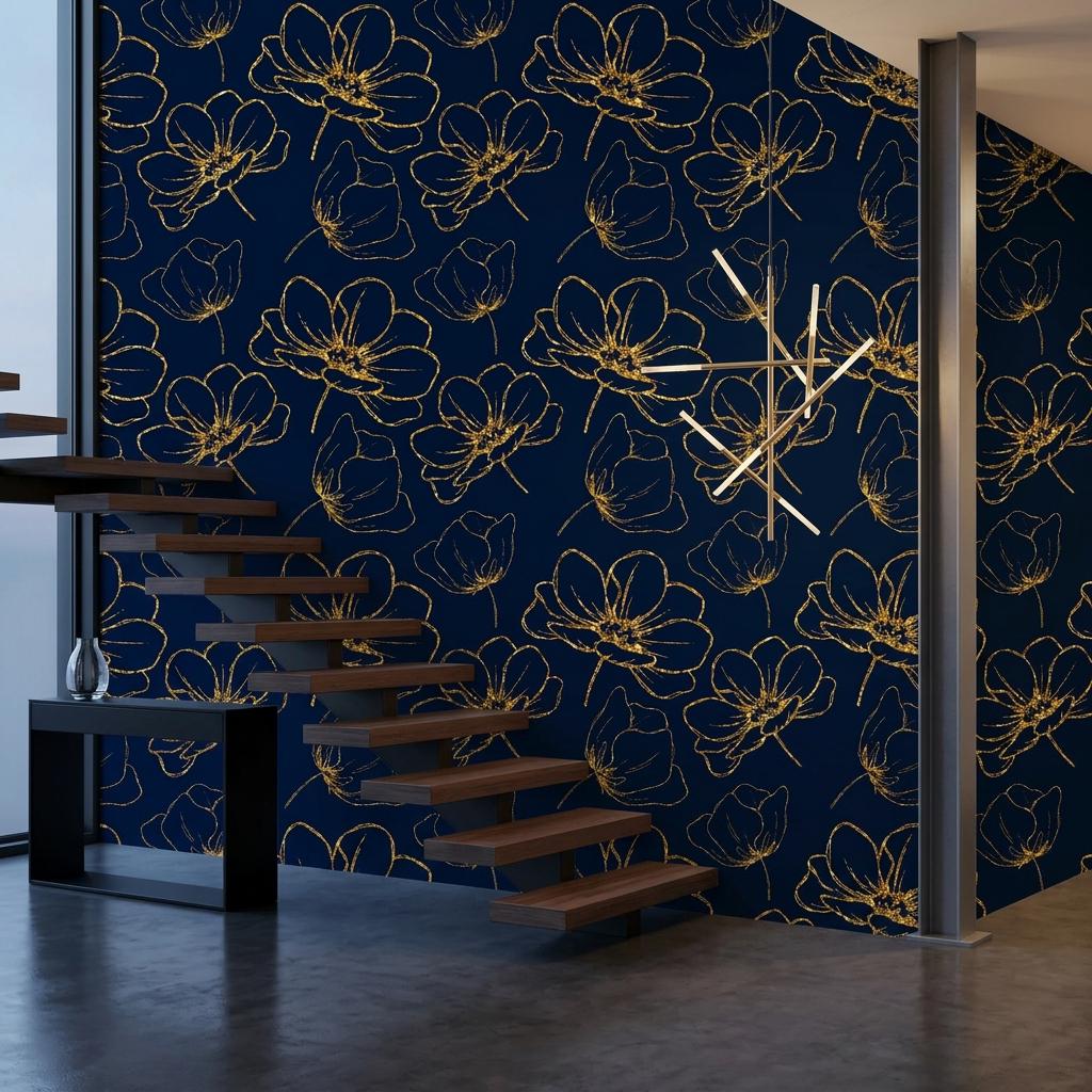 Navy Blue Gold Floral Wallpaper, Art Deco Botanical Peel and Stick