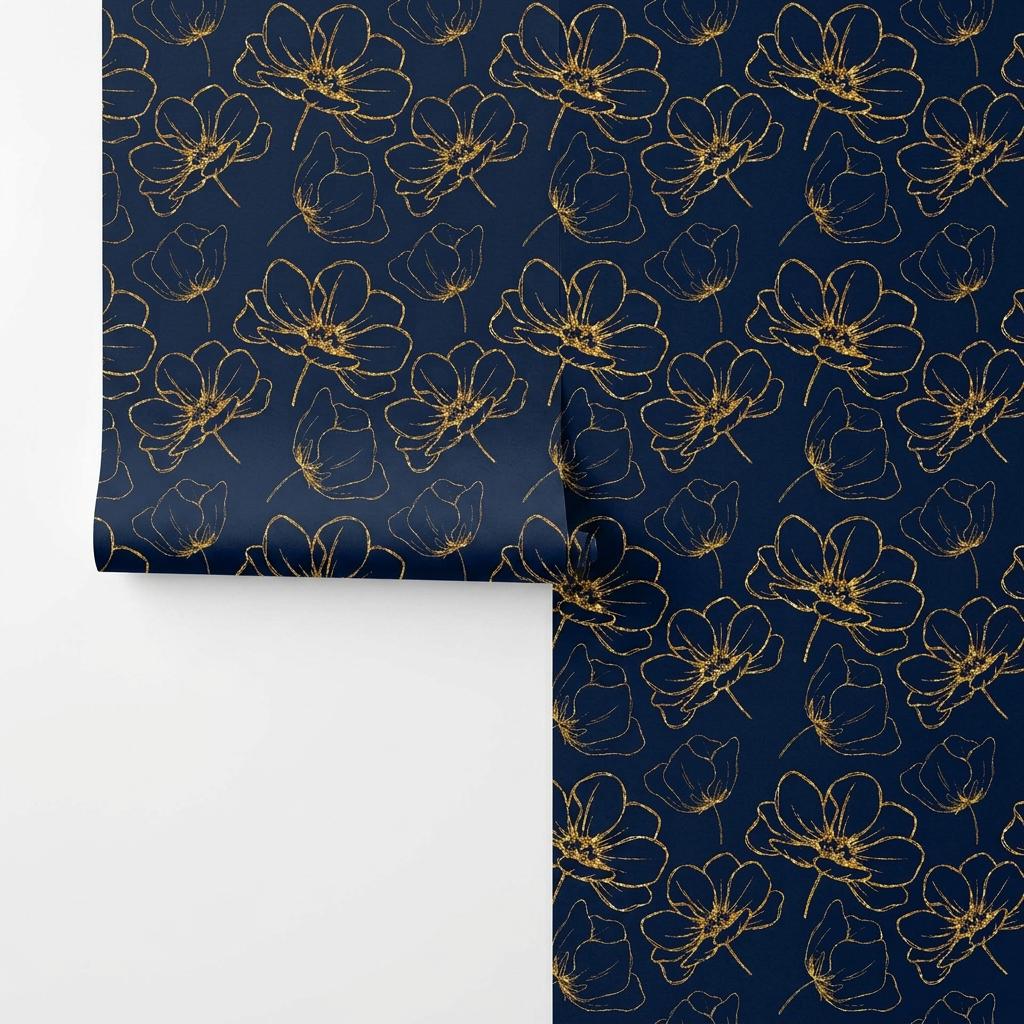 Navy Blue Gold Floral Wallpaper, Art Deco Botanical Peel and Stick