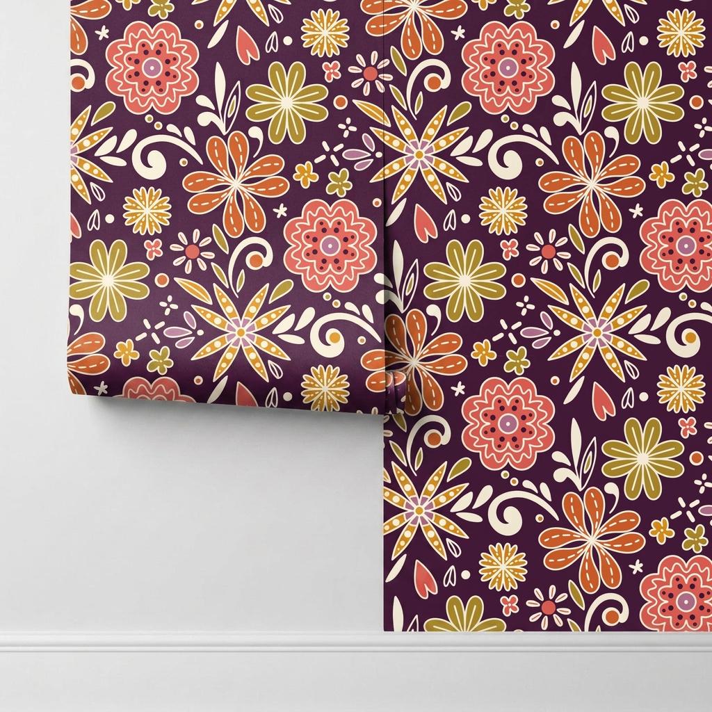 Retro Floral Wallpaper, Deep Plum, 70s Boho Mural, Mid Century Modern Style