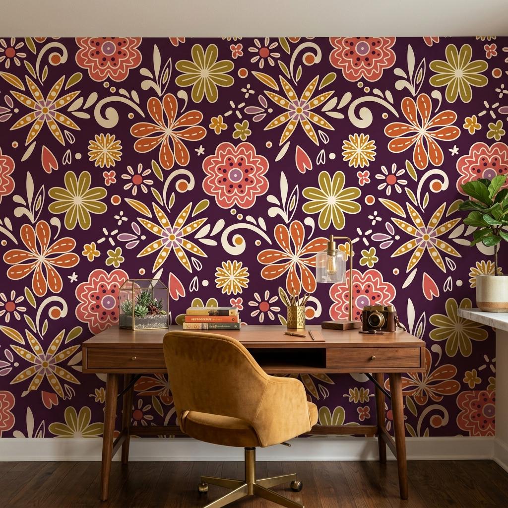 Retro Floral Wallpaper, Deep Plum, 70s Boho Mural, Mid Century Modern Style