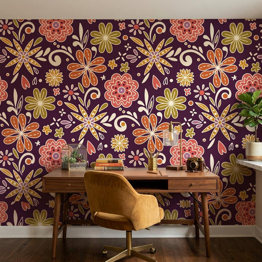 Retro Floral Wallpaper, Deep Plum, 70s Boho Mural, Mid Century Modern Style