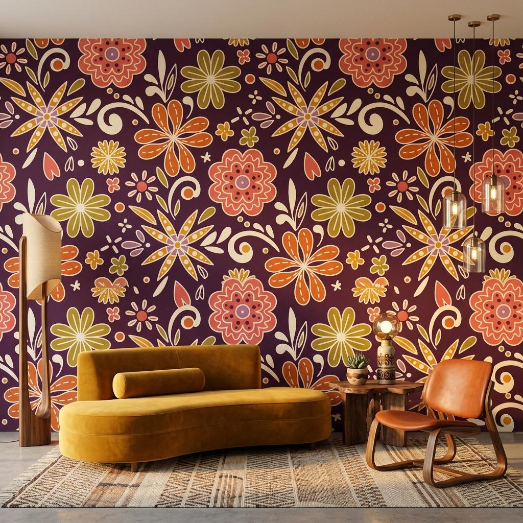 Retro Floral Wallpaper, Deep Plum, 70s Boho Mural, Mid Century Modern Style