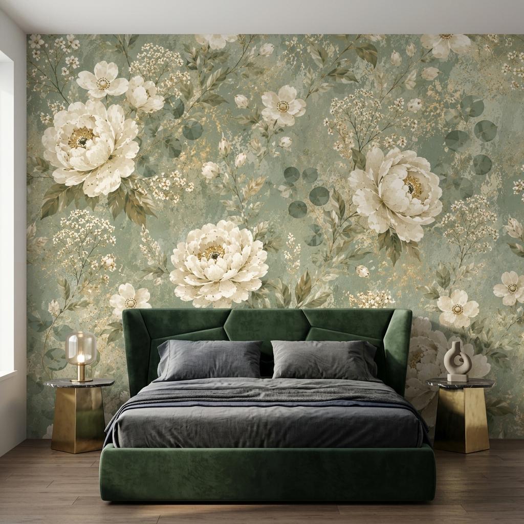 Sage Green Vintage Floral Wallpaper, Cream Peonies, Botanical Wall Decor Peel and Stick