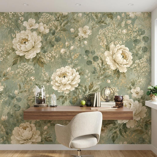 Sage Green Vintage Floral Wallpaper, Cream Peonies, Botanical Wall Decor Peel and Stick