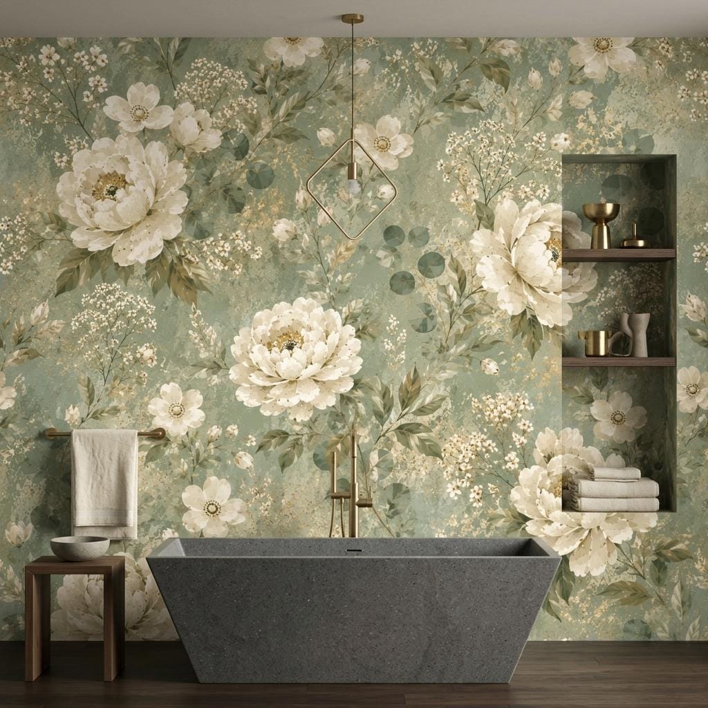 Sage Green Vintage Floral Wallpaper, Cream Peonies, Botanical Wall Decor Peel and Stick