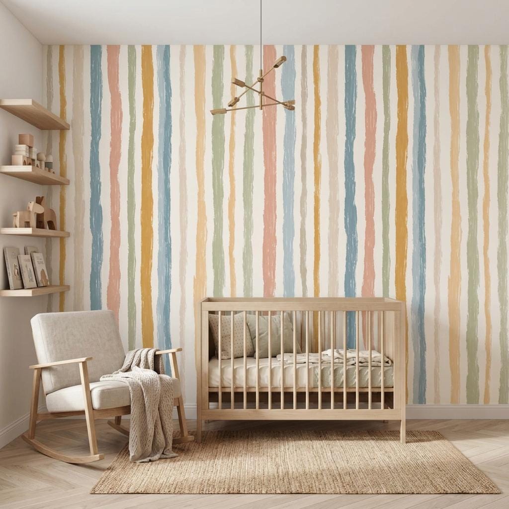 Hand Painted Vertical Stripe Wallpaper, Pastel Boho Nursery Mural
