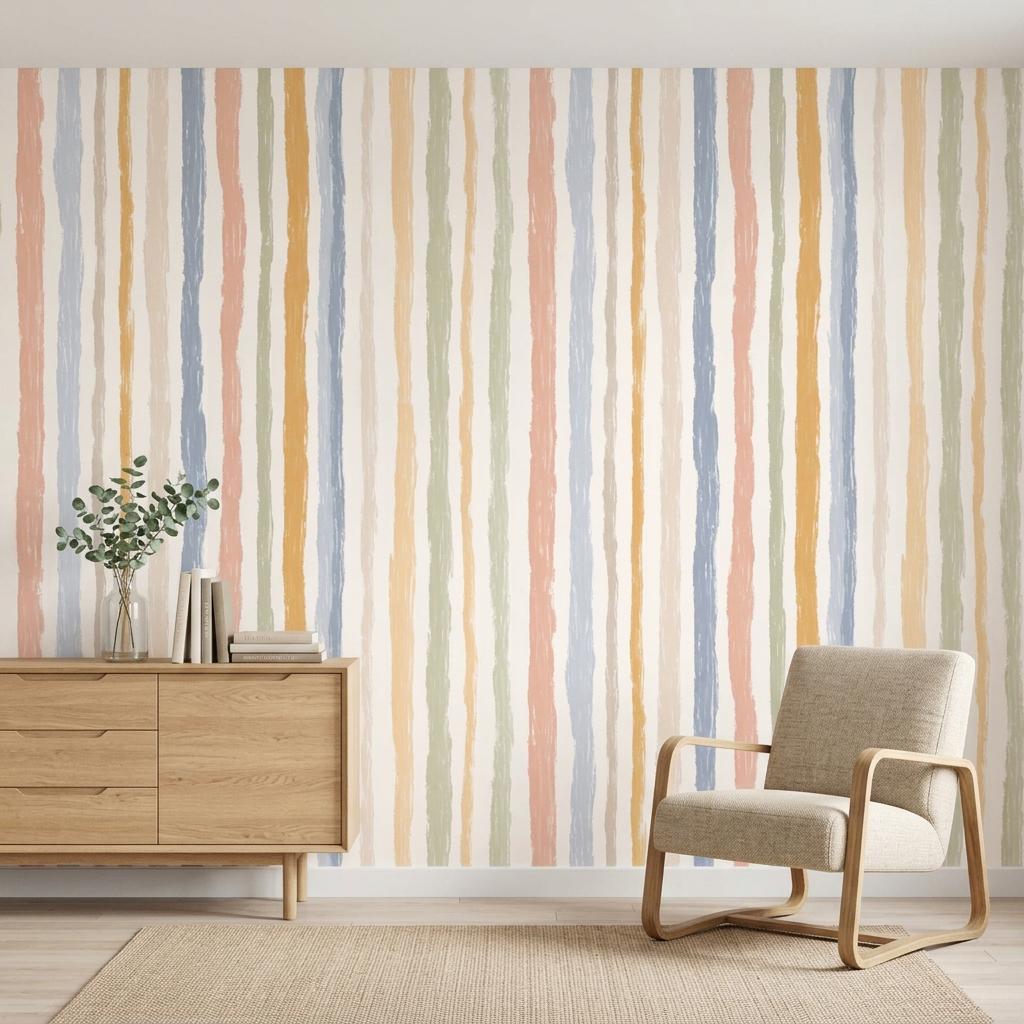 Hand Painted Vertical Stripe Wallpaper, Pastel Boho Nursery Mural