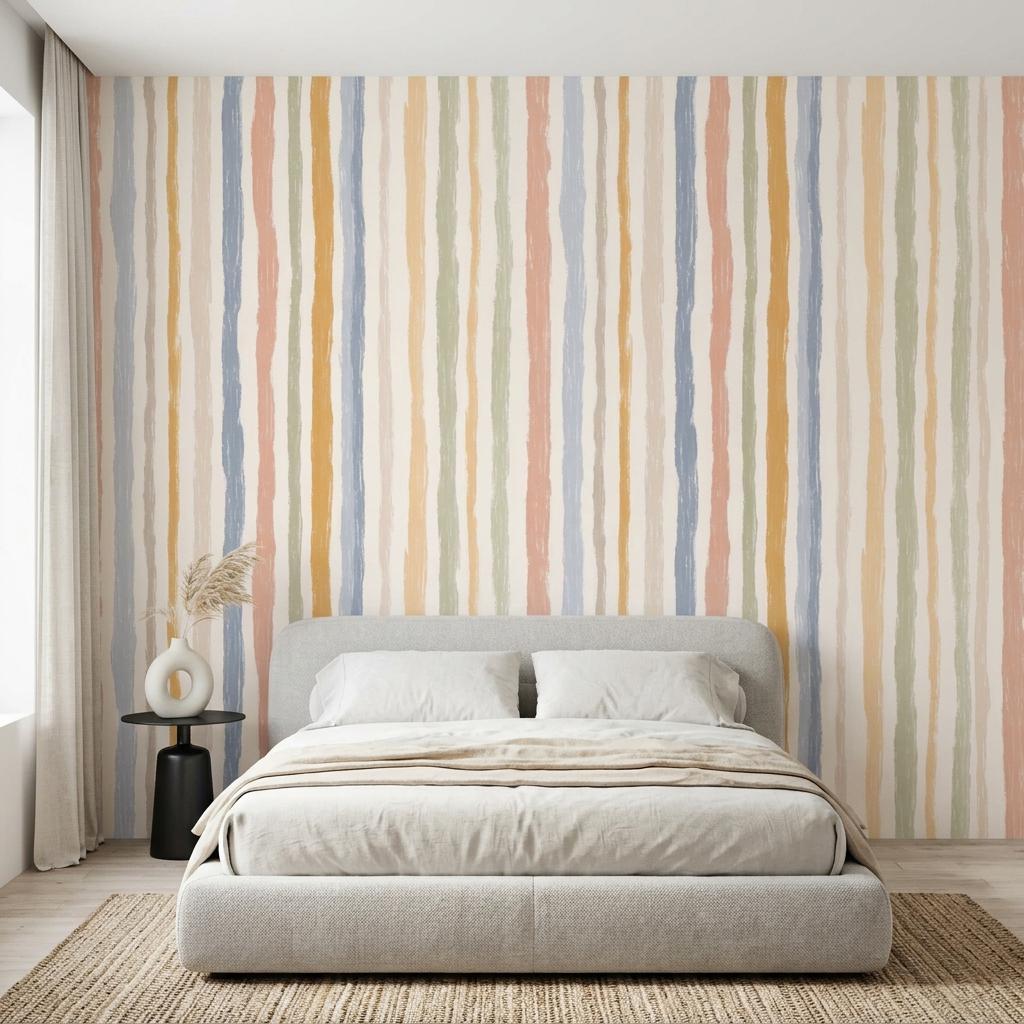 Hand Painted Vertical Stripe Wallpaper, Pastel Boho Nursery Mural