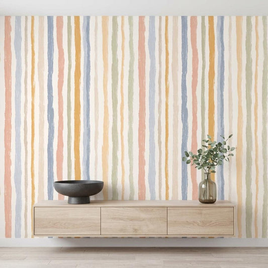 Hand Painted Vertical Stripe Wallpaper, Pastel Boho Nursery Mural