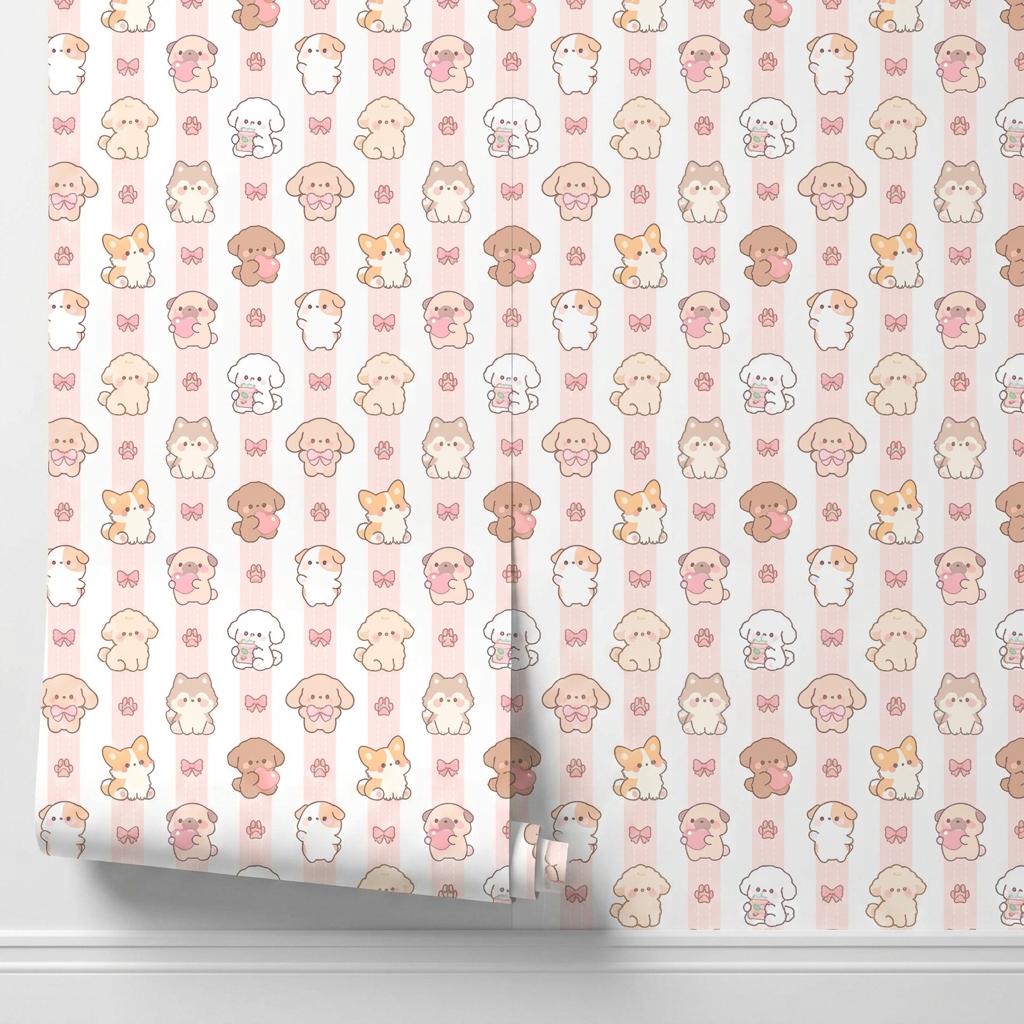 Kawaii Puppy Pink Striped Wallpaper, Chibi Dog Nursery Mural, Pastel Kids Room Decor