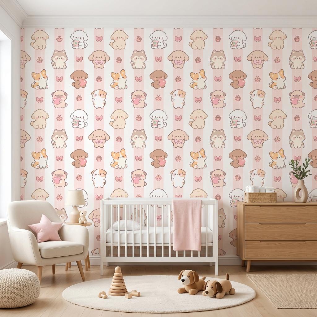 Kawaii Puppy Pink Striped Wallpaper, Chibi Dog Nursery Mural, Pastel Kids Room Decor