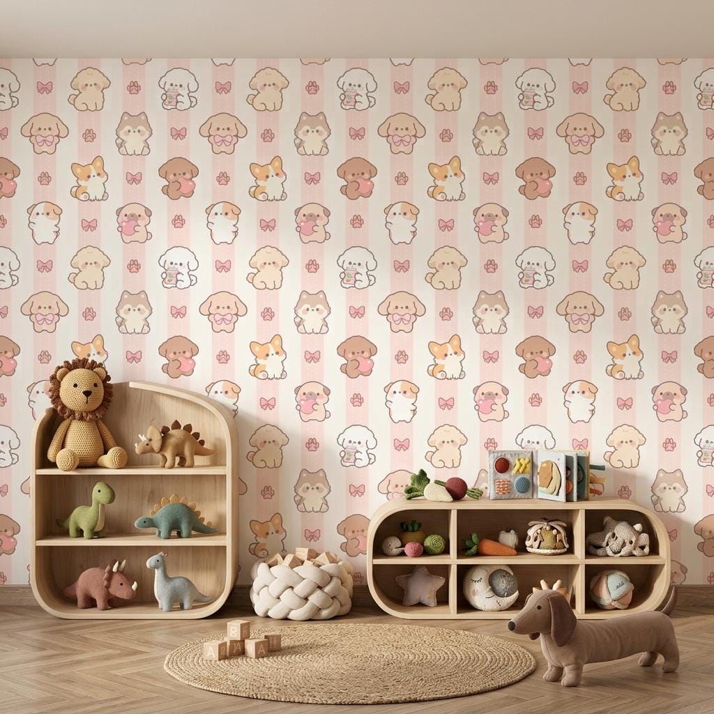 Kawaii Puppy Pink Striped Wallpaper, Chibi Dog Nursery Mural, Pastel Kids Room Decor