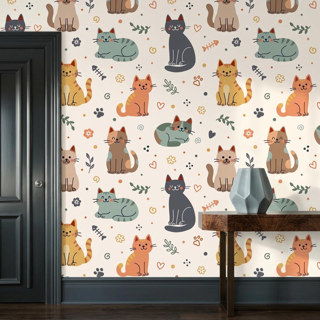Whimsical Cat Pattern Wallpaper, Hand-Drawn Kittens, Boho Nursery Decor Peel and Stick