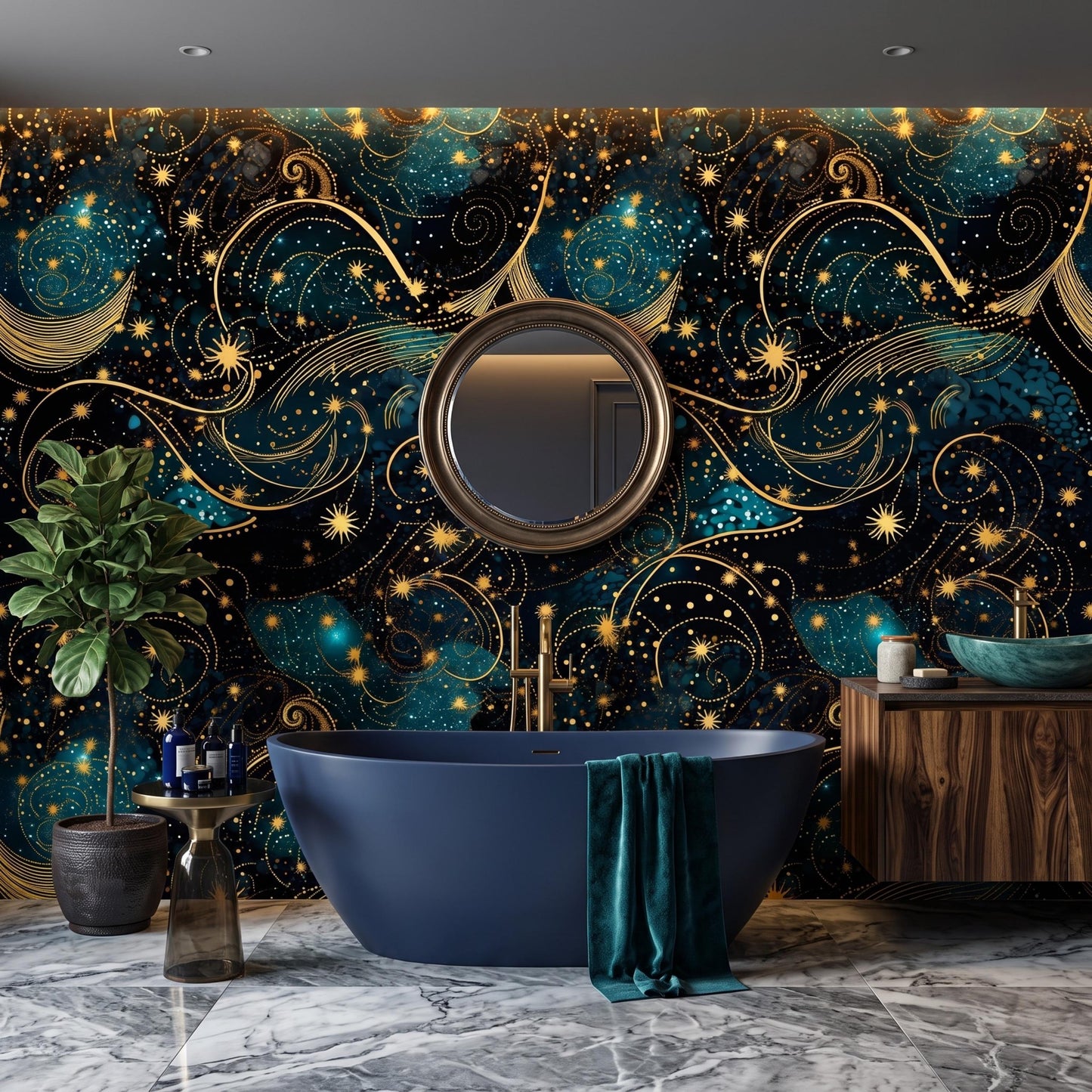 Dark Celestial Wallpaper, Gold Stars, Peel and Stick Galaxy Mural-WP0162