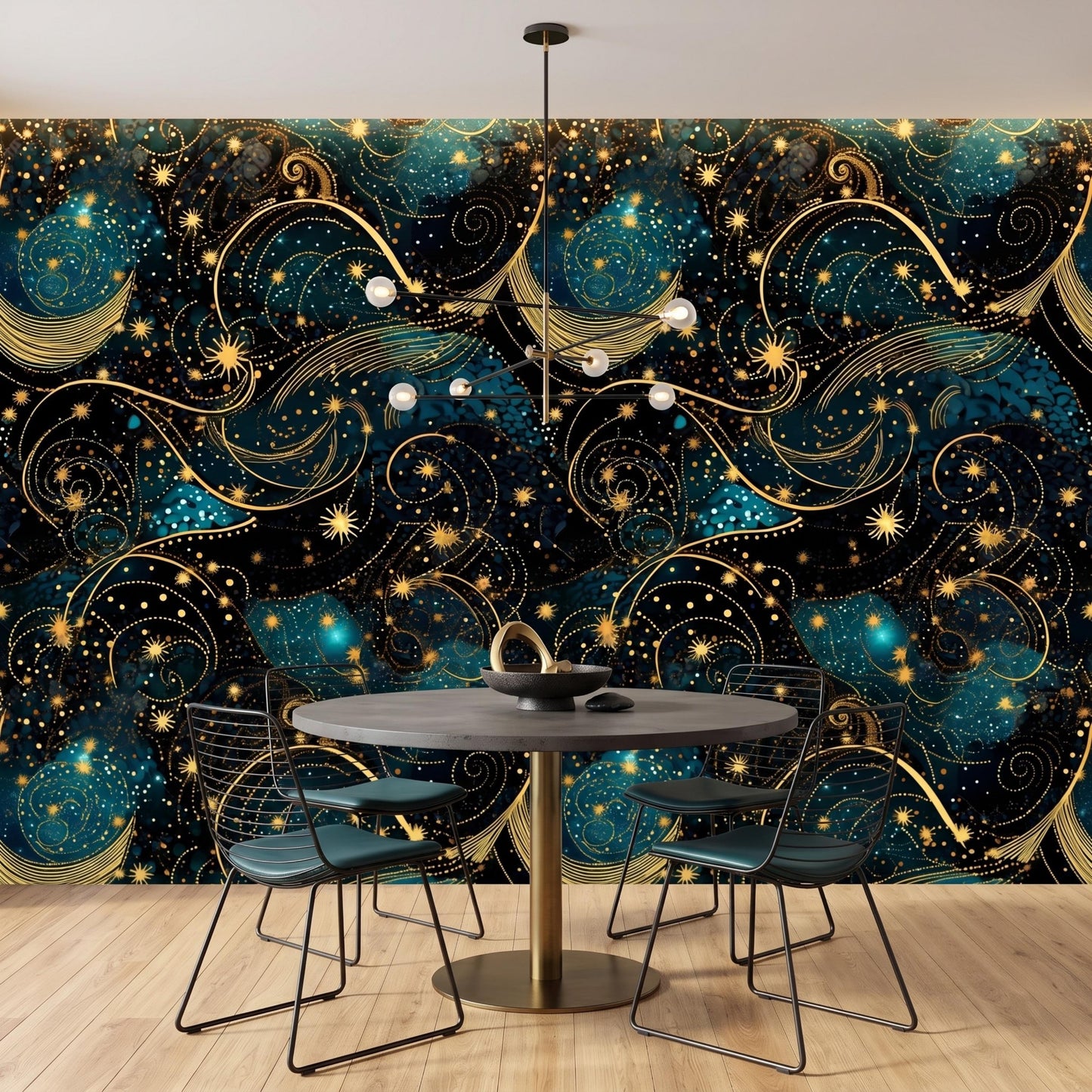 Dark Celestial Wallpaper, Gold Stars, Peel and Stick Galaxy Mural-WP0162