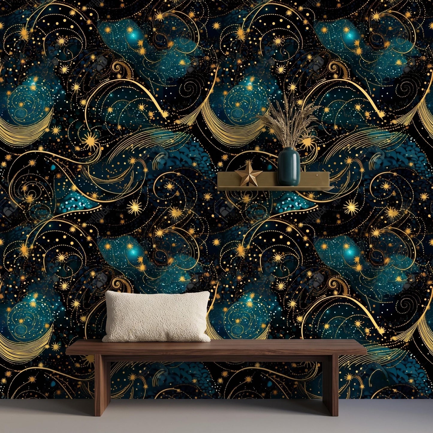 Dark Celestial Wallpaper, Gold Stars, Peel and Stick Galaxy Mural-WP0162
