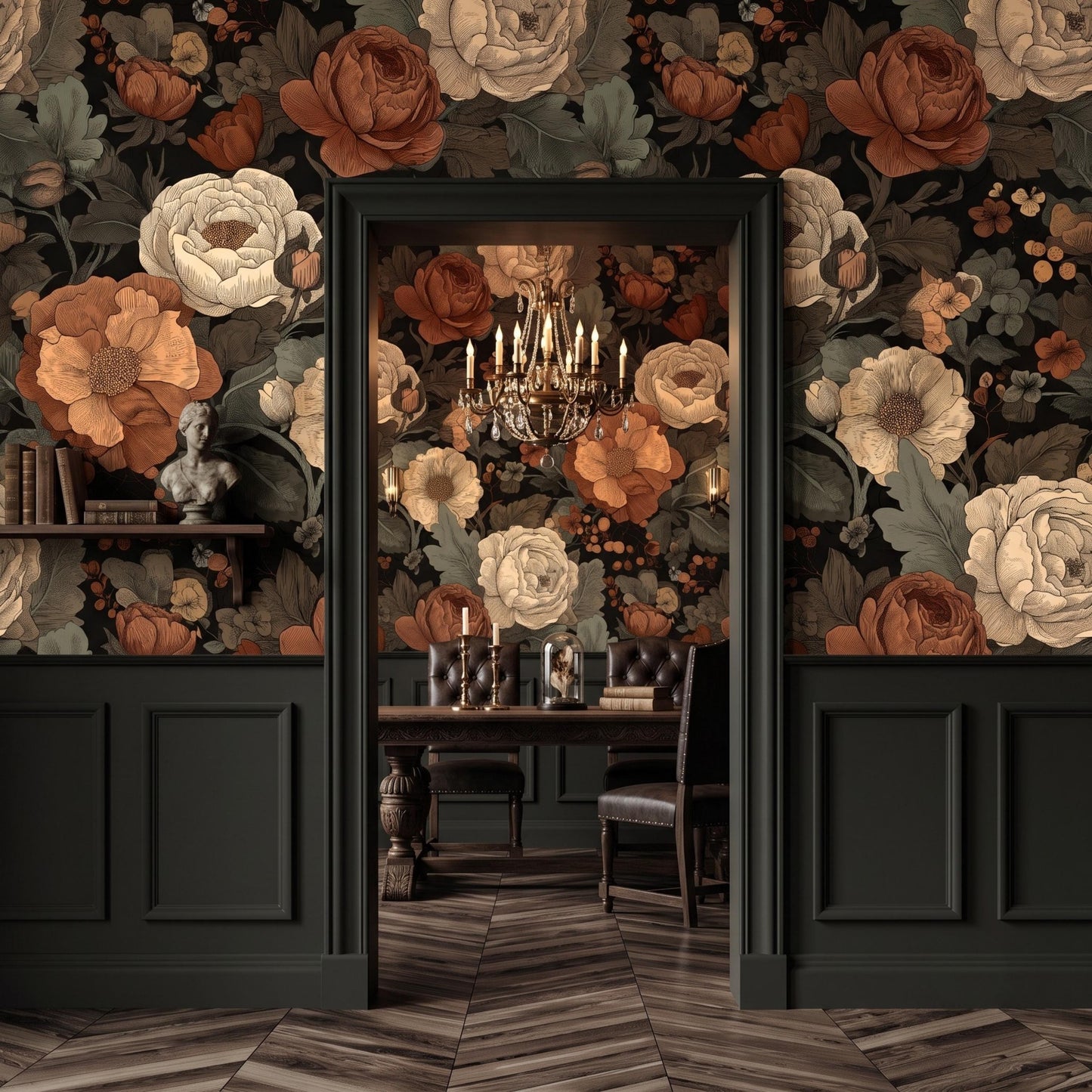 Dark Floral Peony Wallpaper: Vintage Moody Botanical Peel and Stick Mural-WP0163