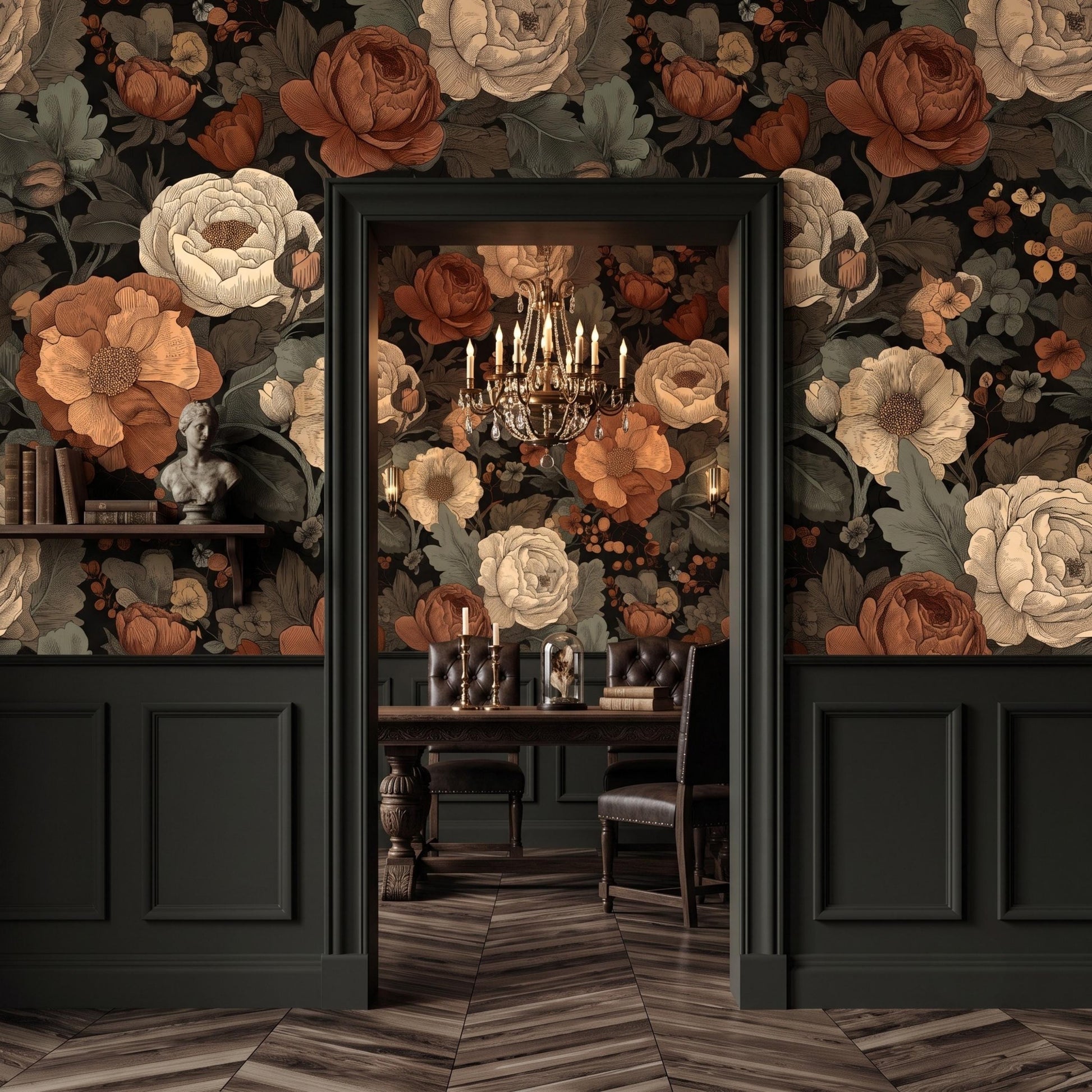 Dark Floral Peony Wallpaper: Vintage Moody Botanical Peel and Stick Mural-WP0163