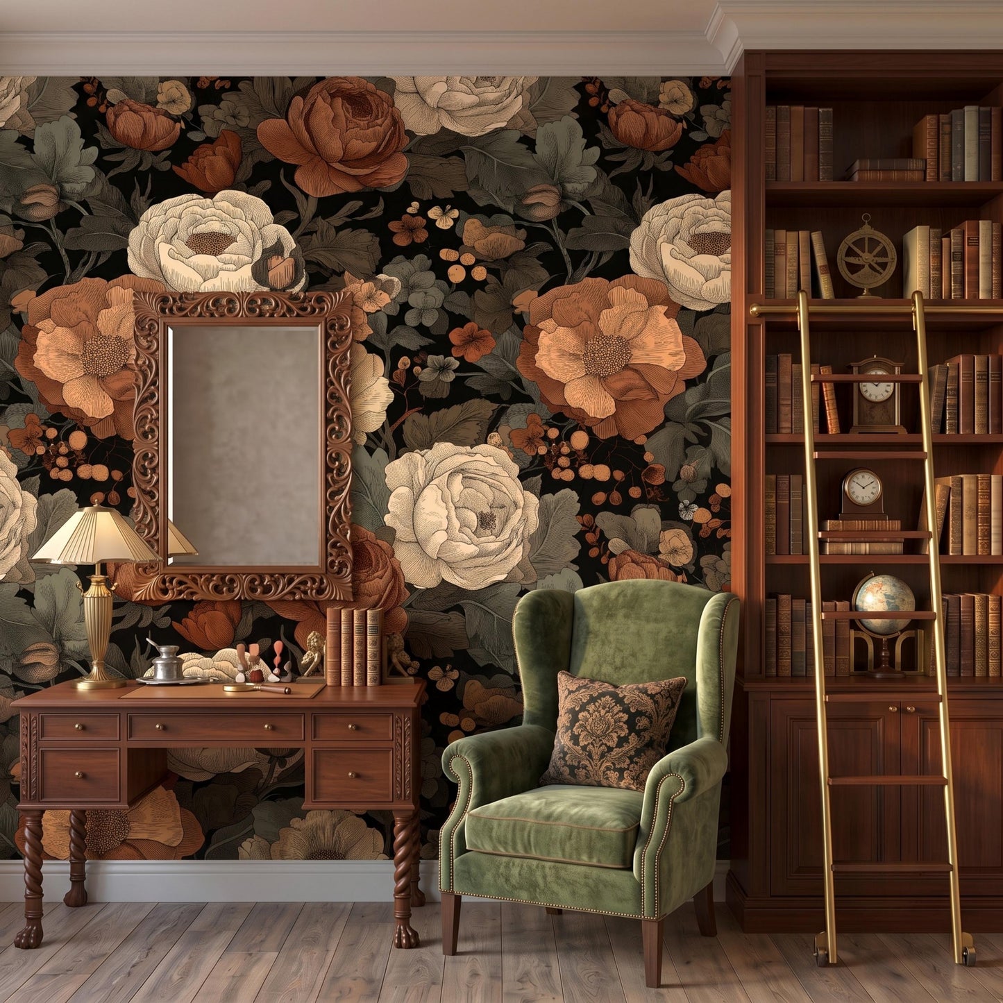 Dark Floral Peony Wallpaper: Vintage Moody Botanical Peel and Stick Mural-WP0163