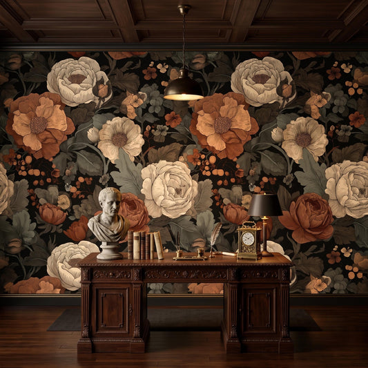 Dark Floral Peony Wallpaper: Vintage Moody Botanical Peel and Stick Mural-WP0163