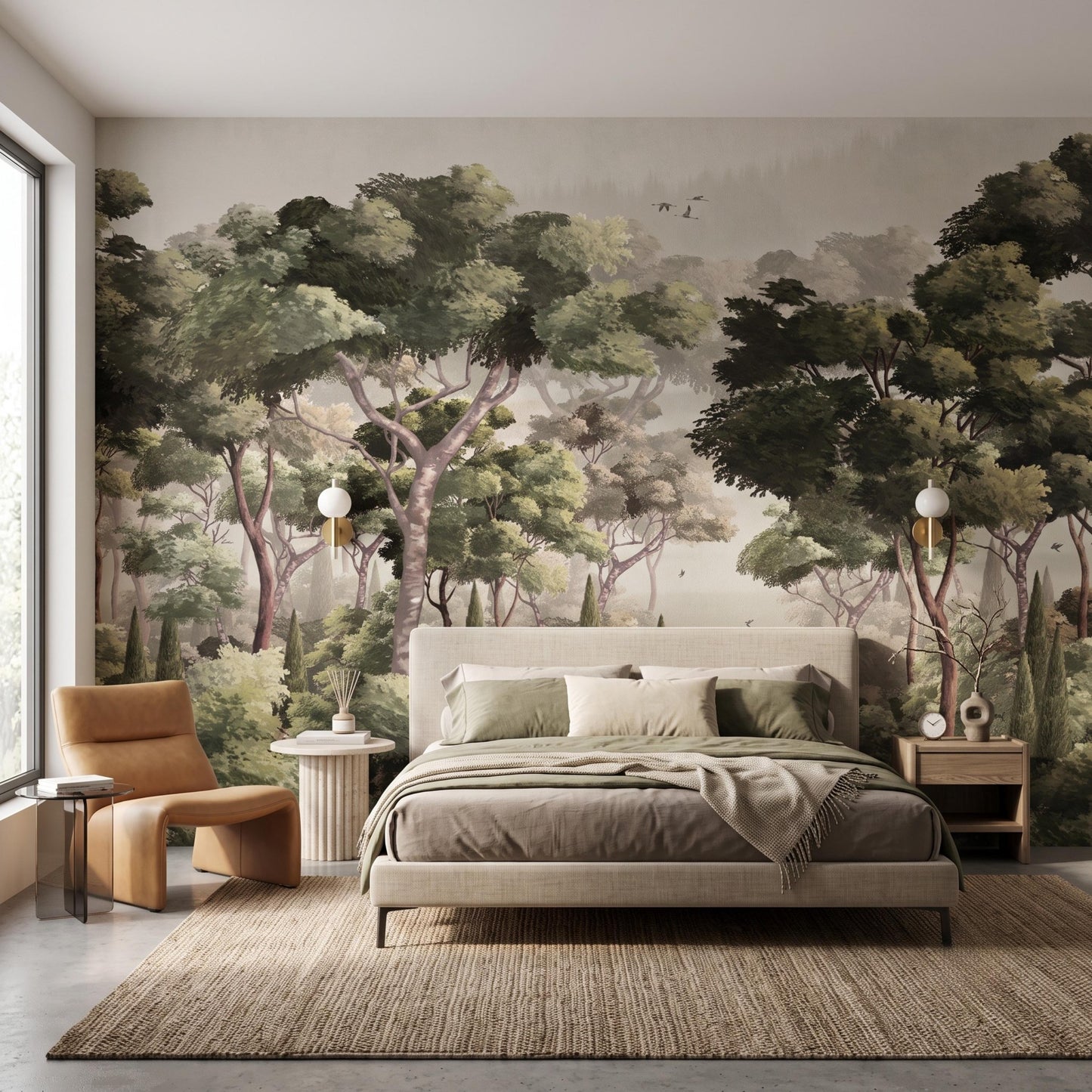 Vintage Forest Landscape Mural Wallpaper, Classical Nature Wall Decor, Sage Green Woodland Accent Wall Art -WP0164