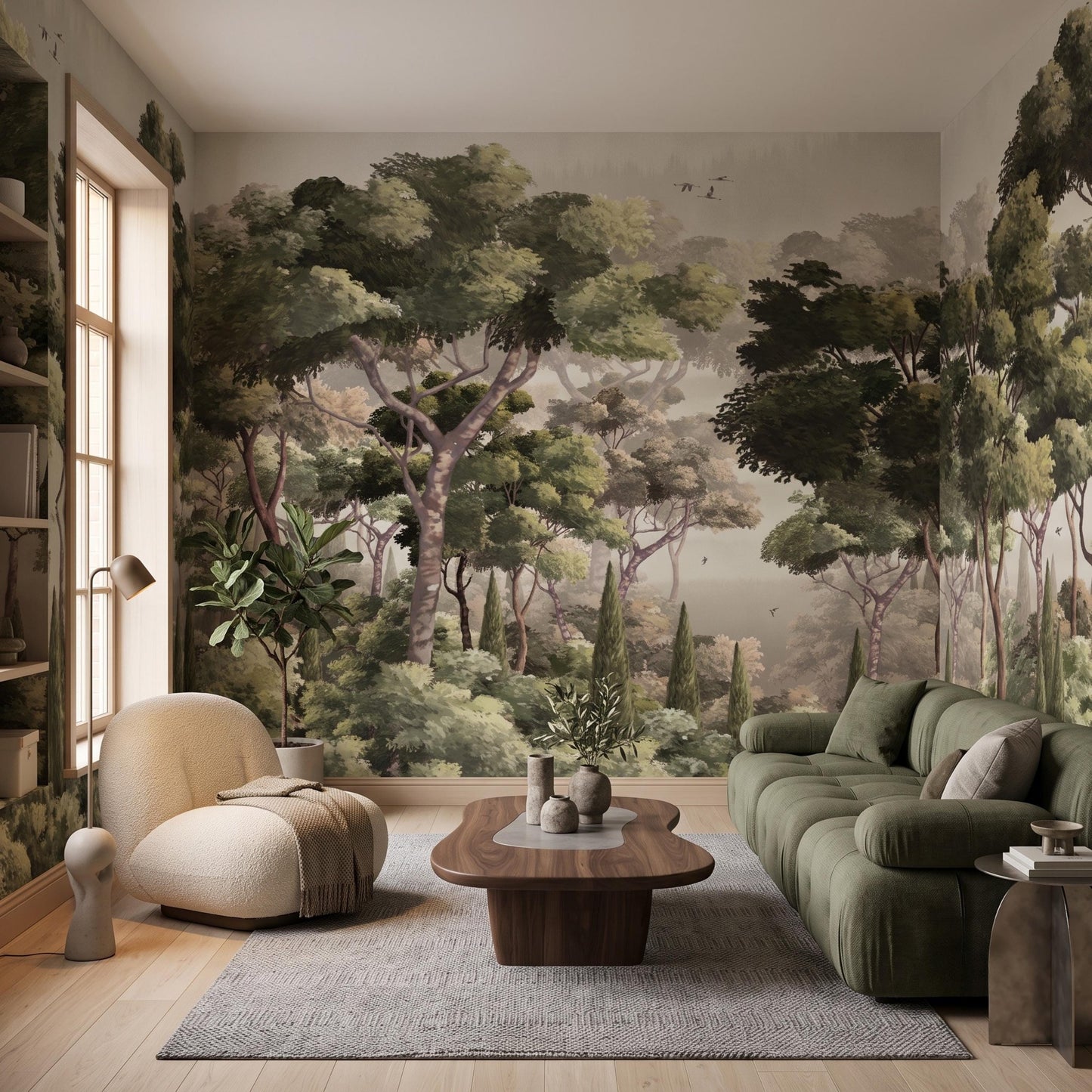 Vintage Forest Landscape Mural Wallpaper, Classical Nature Wall Decor, Sage Green Woodland Accent Wall Art -WP0164