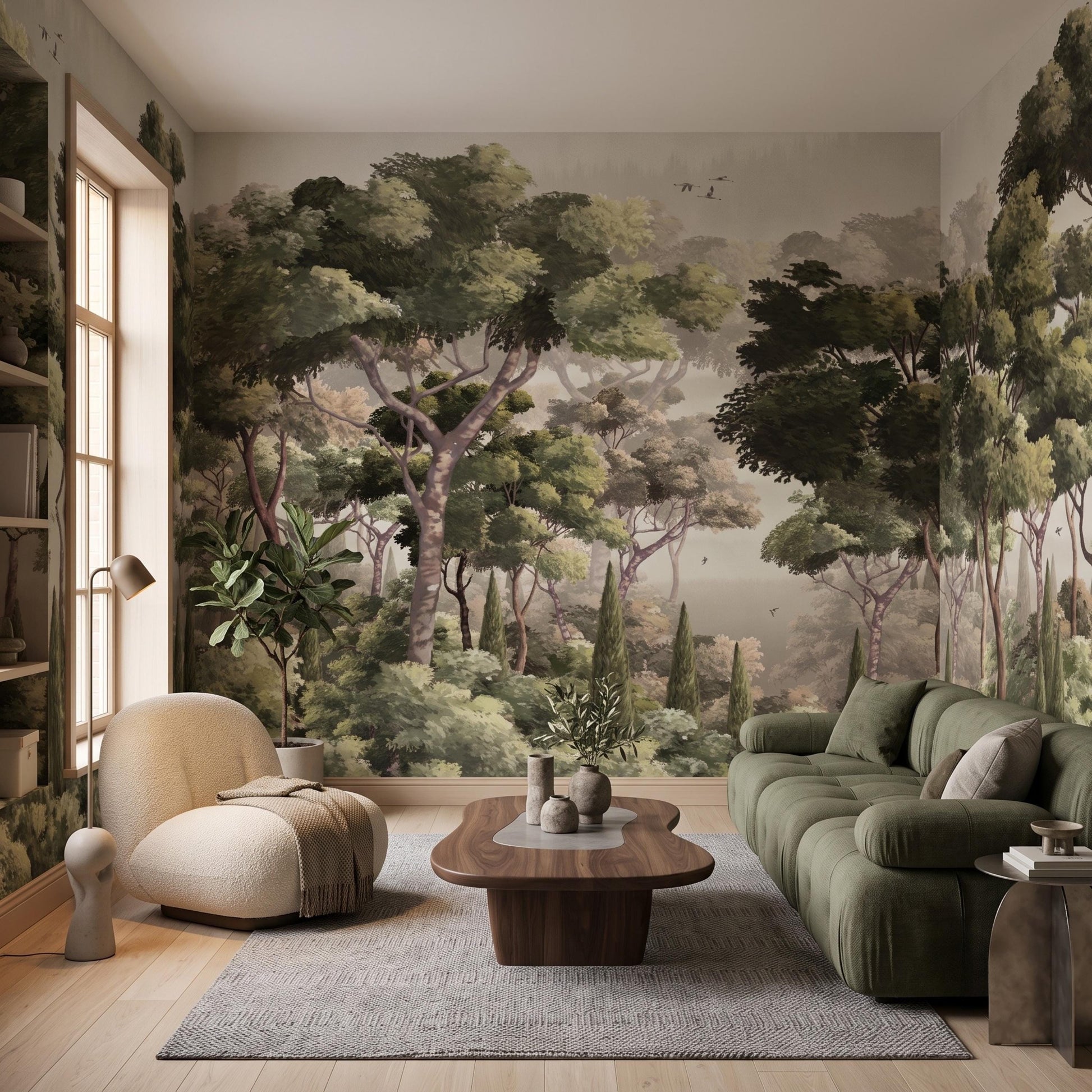Vintage Forest Landscape Mural Wallpaper, Classical Nature Wall Decor, Sage Green Woodland Accent Wall Art -WP0164