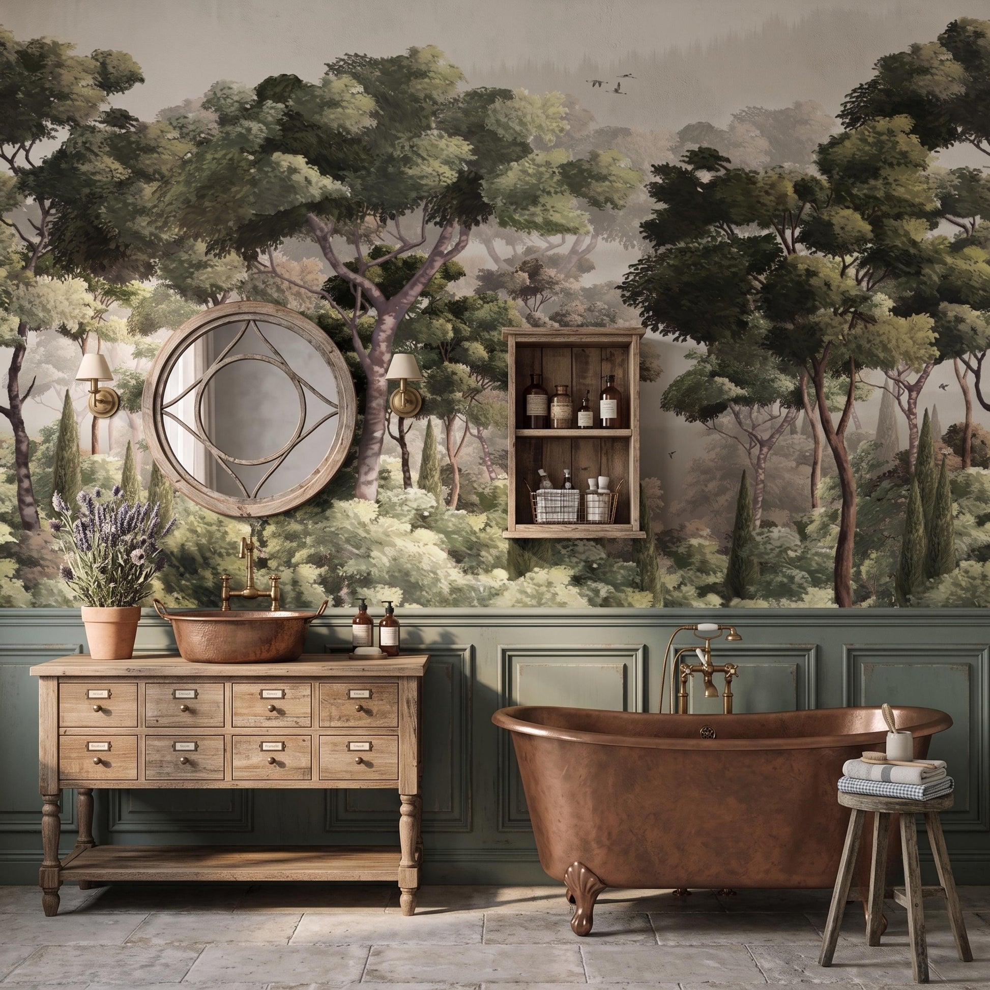 Vintage Forest Landscape Mural Wallpaper, Classical Nature Wall Decor, Sage Green Woodland Accent Wall Art -WP0164