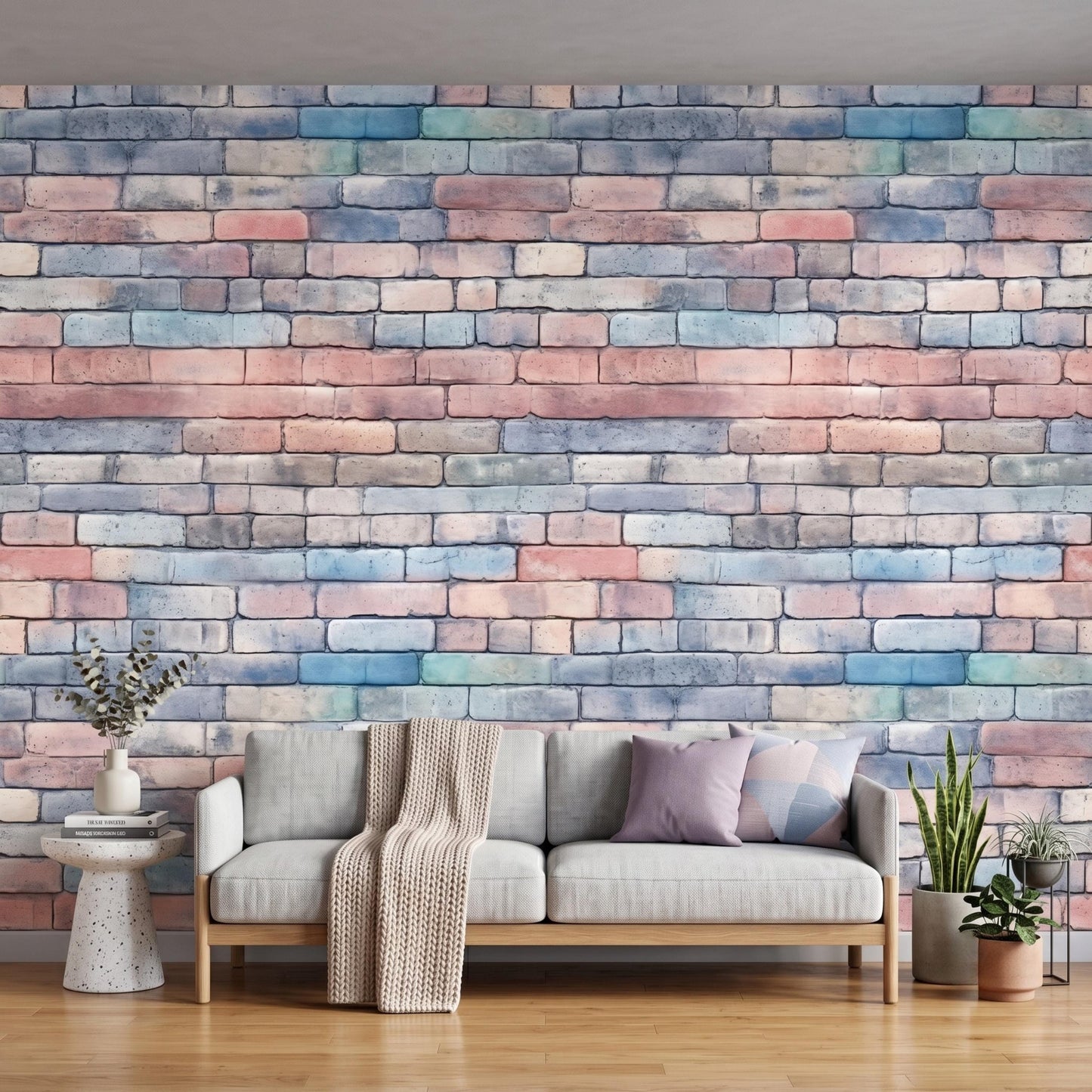Pastel Watercolor Brick Wallpaper Mural, Soft Faux Brick Wall Decal, Minimalist Home Decor-WP0165