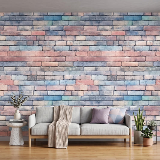 Pastel Watercolor Brick Wallpaper Mural, Soft Faux Brick Wall Decal, Minimalist Home Decor-WP0165