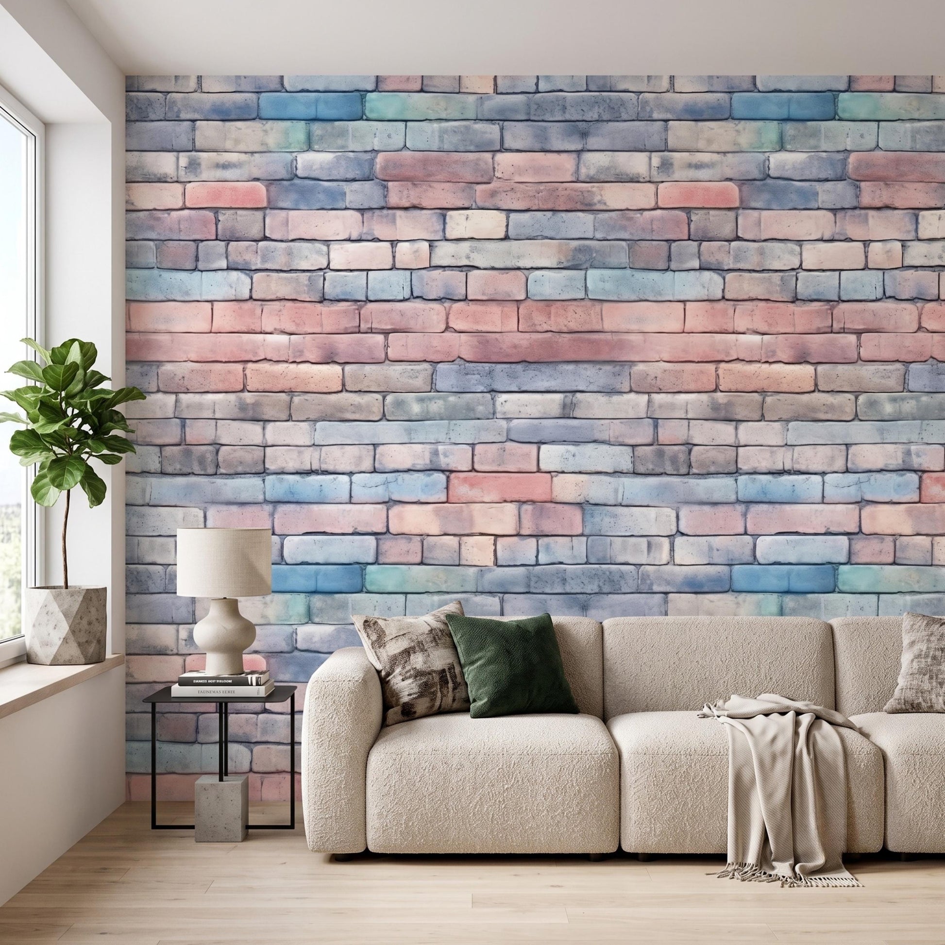 Pastel Watercolor Brick Wallpaper Mural, Soft Faux Brick Wall Decal, Minimalist Home Decor-WP0165
