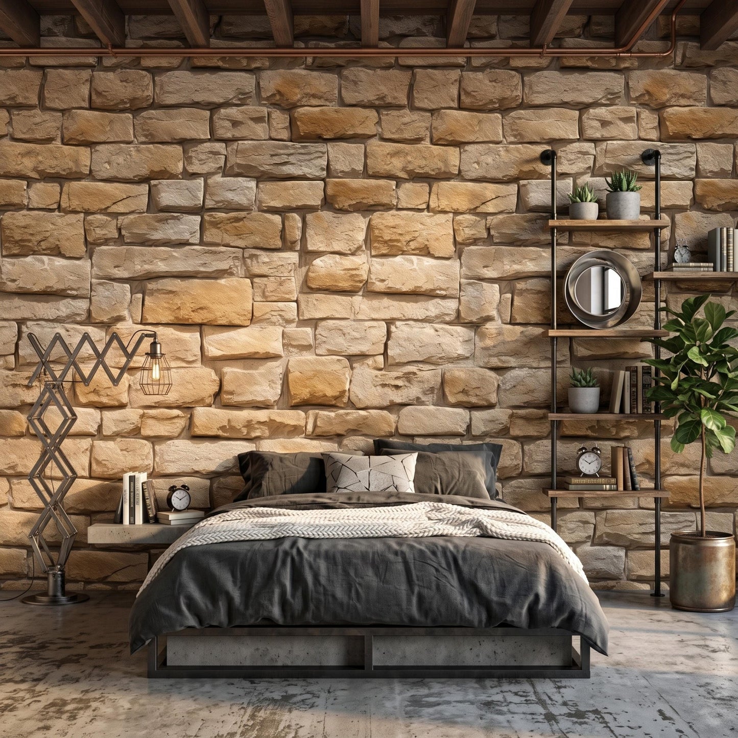 Rustic Stone Texture Faux Brick Wallpaper, Peel and Stick Accent Wall, Farmhouse Home Decor-WP0167