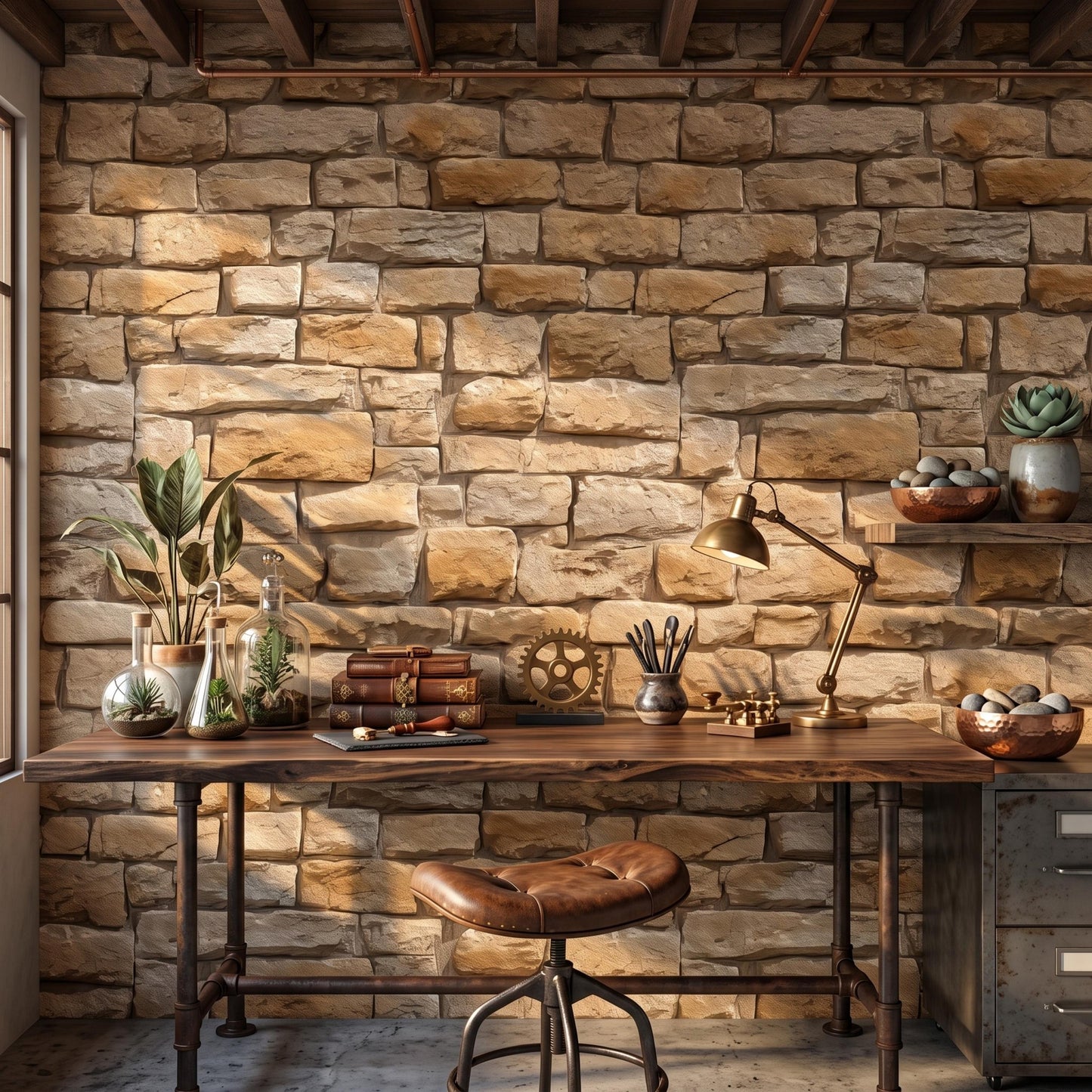 Rustic Stone Texture Faux Brick Wallpaper, Peel and Stick Accent Wall, Farmhouse Home Decor-WP0167