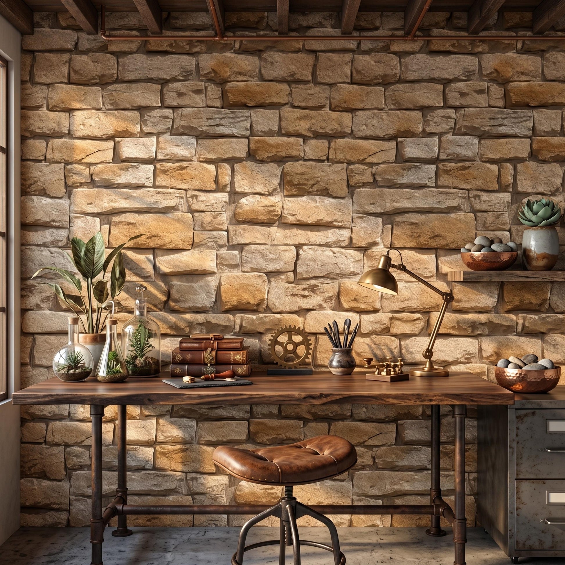 Rustic Stone Texture Faux Brick Wallpaper, Peel and Stick Accent Wall, Farmhouse Home Decor-WP0167