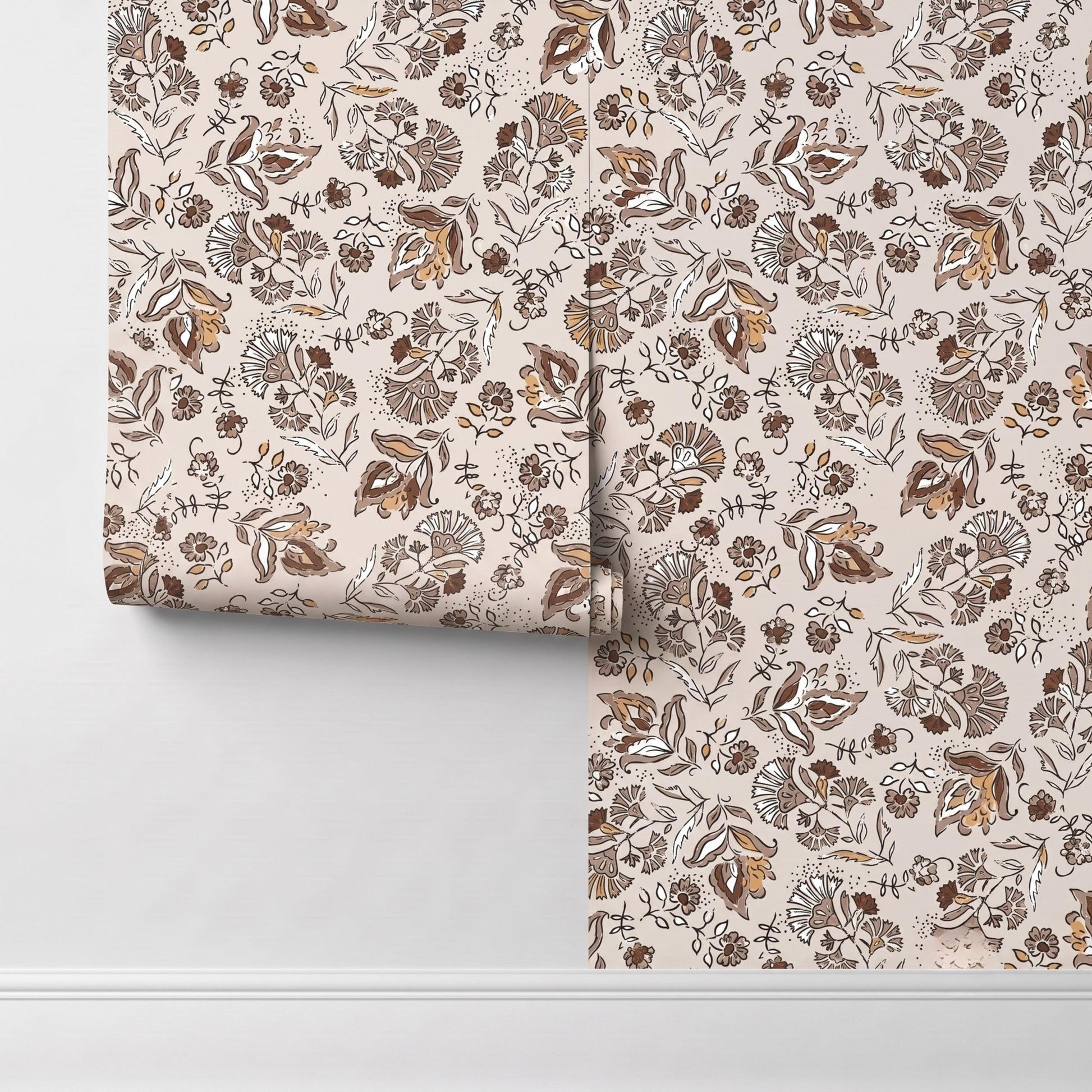Vintage Floral Brown Botanical Wallpaper, Boho Wall Decal, Earthy Nursery Decor, Retro Flower Accent Wall, Rustic Bedroom Mural-WP0088