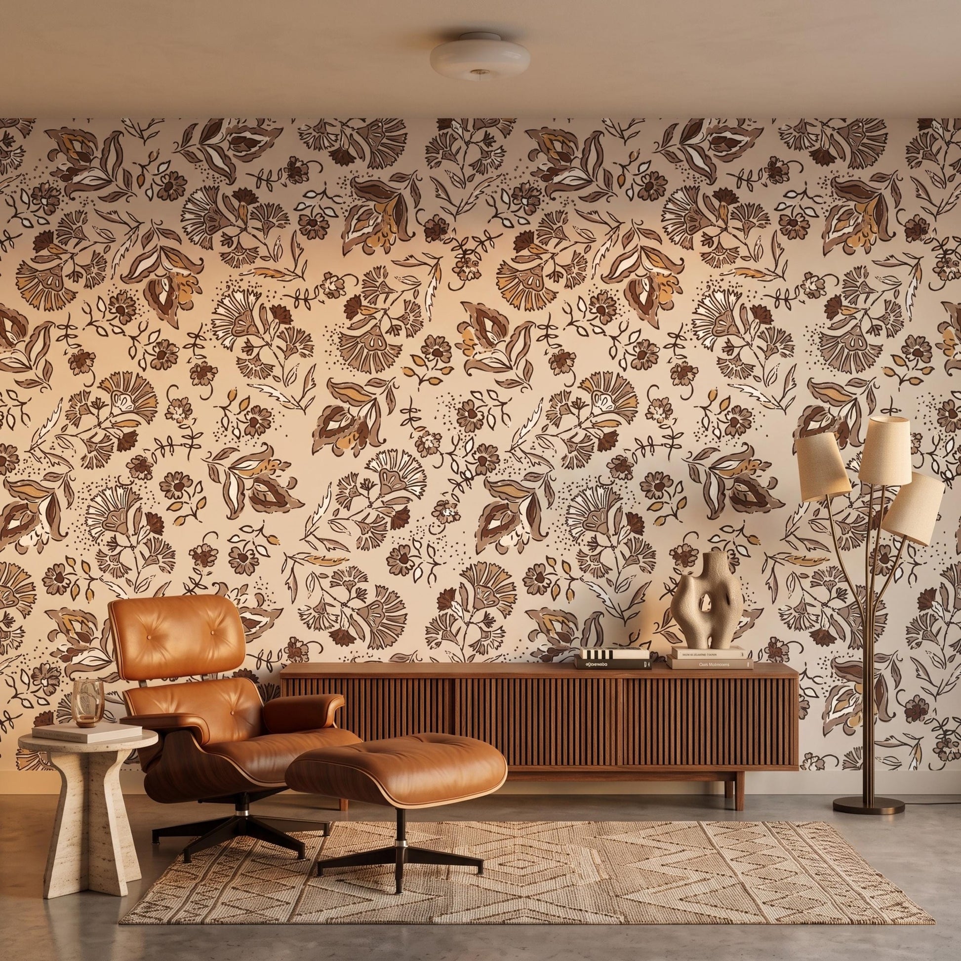 Vintage Floral Brown Botanical Wallpaper, Boho Wall Decal, Earthy Nursery Decor, Retro Flower Accent Wall, Rustic Bedroom Mural-WP0088