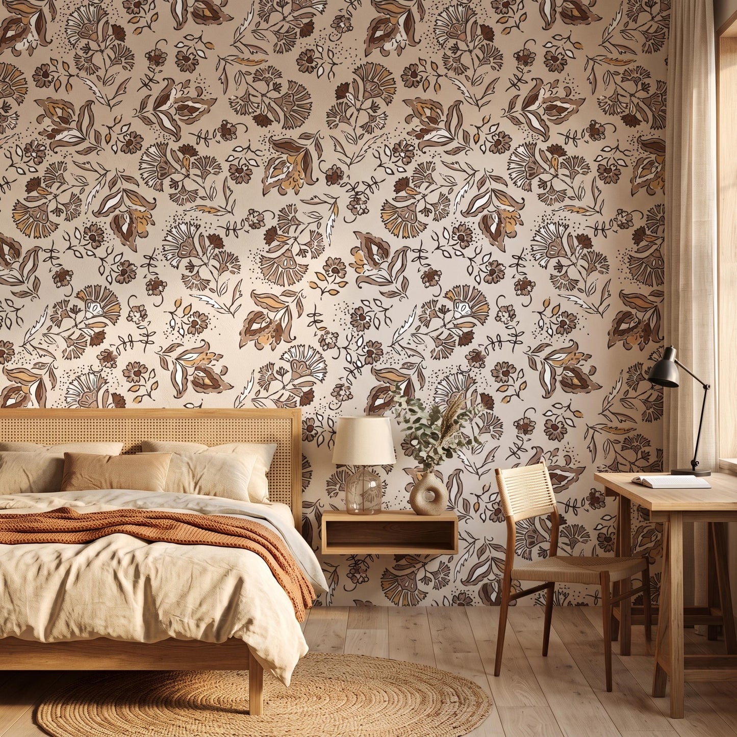 Vintage Floral Brown Botanical Wallpaper, Boho Wall Decal, Earthy Nursery Decor, Retro Flower Accent Wall, Rustic Bedroom Mural-WP0088