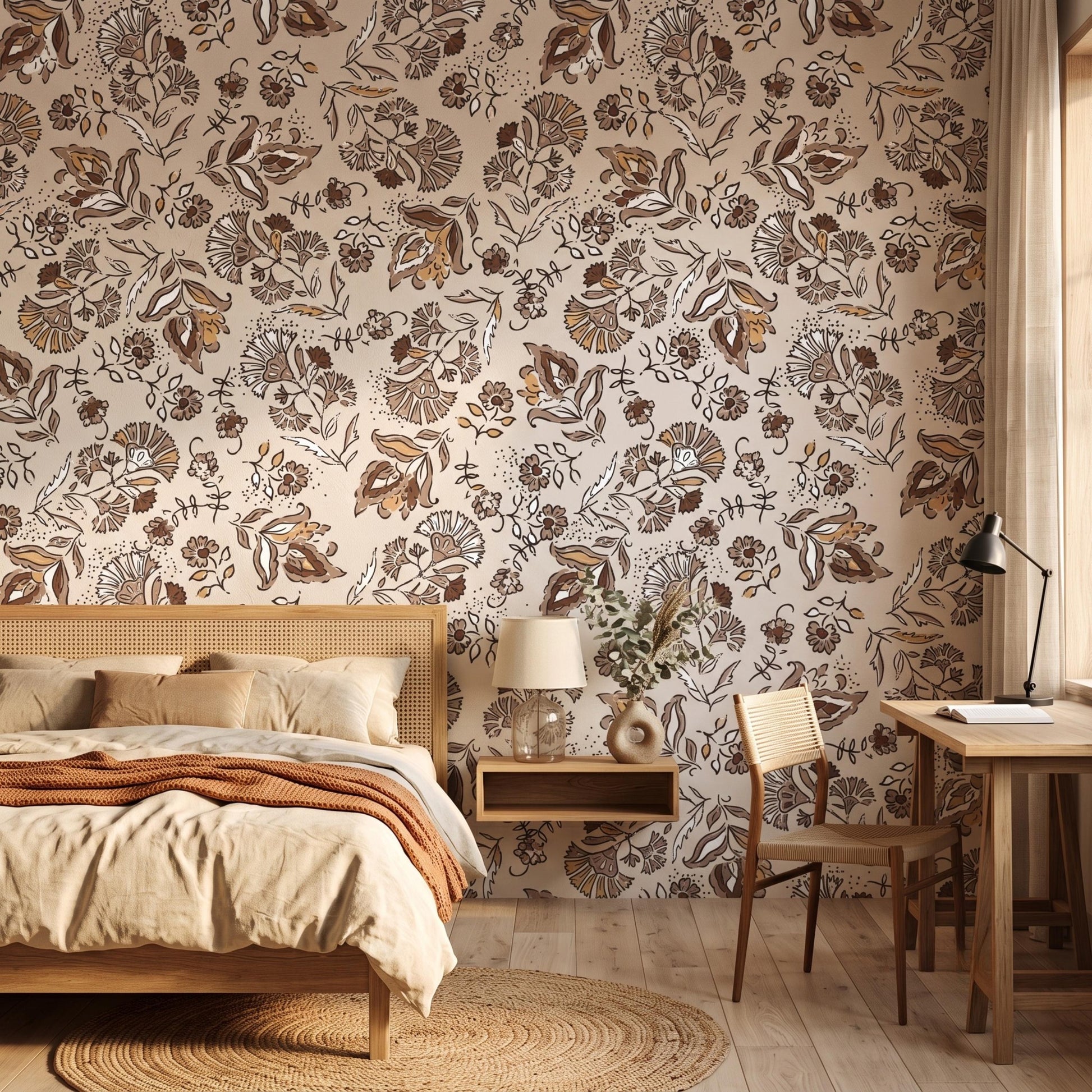 Vintage Floral Brown Botanical Wallpaper, Boho Wall Decal, Earthy Nursery Decor, Retro Flower Accent Wall, Rustic Bedroom Mural-WP0088