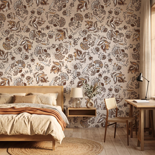 Vintage Floral Brown Botanical Wallpaper, Boho Wall Decal, Earthy Nursery Decor, Retro Flower Accent Wall, Rustic Bedroom Mural-WP0088