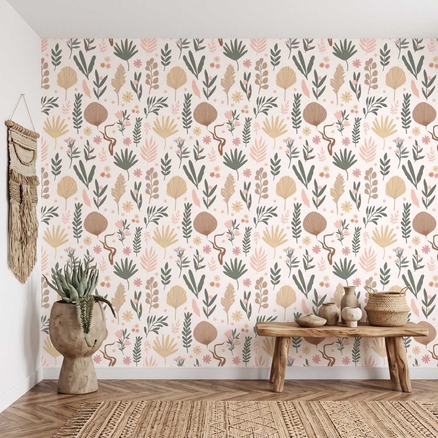 Boho Botanical Earthy Leaf Wallpaper, Neutral Nursery Decor, Modern Abstract Floral Wall Decal, Minimalist Nature Inspired Home-WP0066