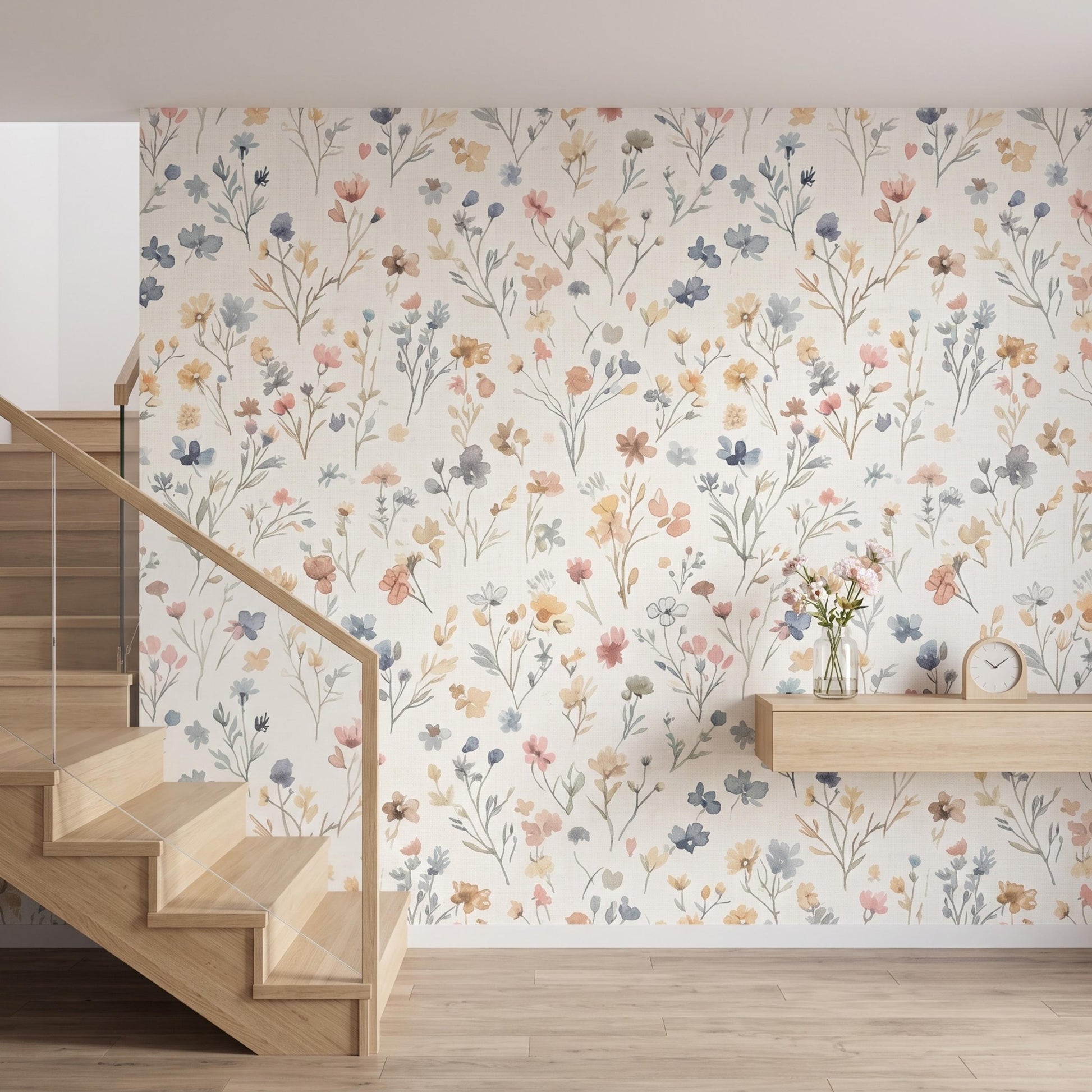 Watercolor Wildflower Floral Wallpaper, Nursery Wall Decor, Boho Meadow Wall Mural, Muted Pastel Flower Decal, Cottagecore Room Decor-WP0097